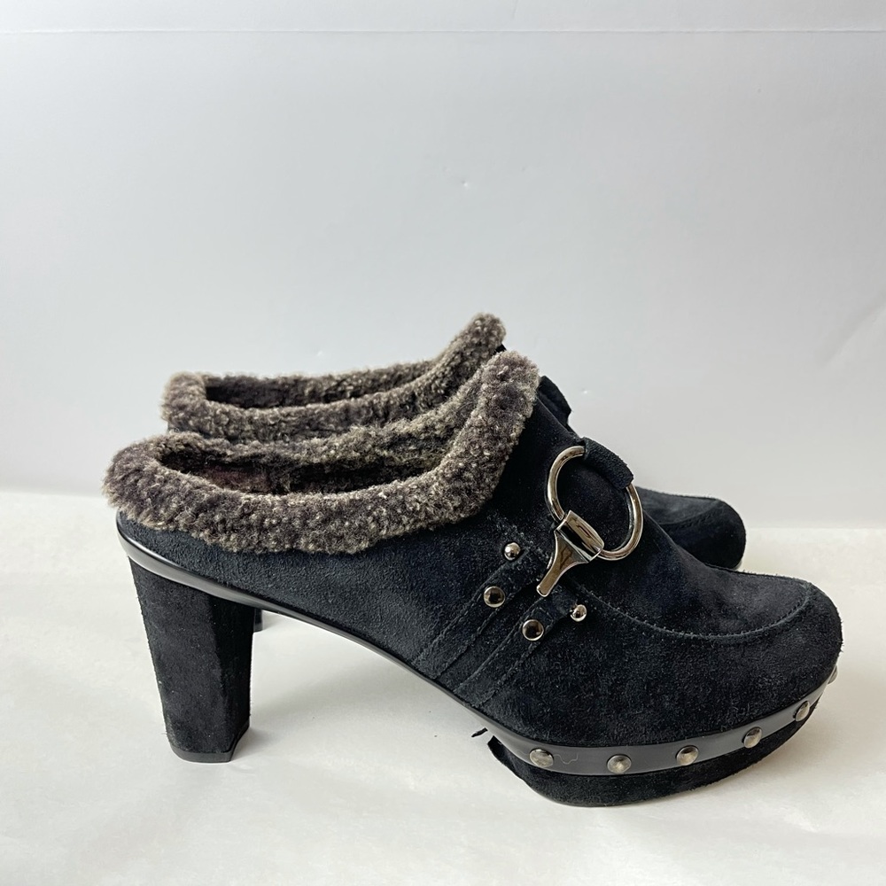Stuart Weitzman Suede Shearling Wedge Mule Clogs